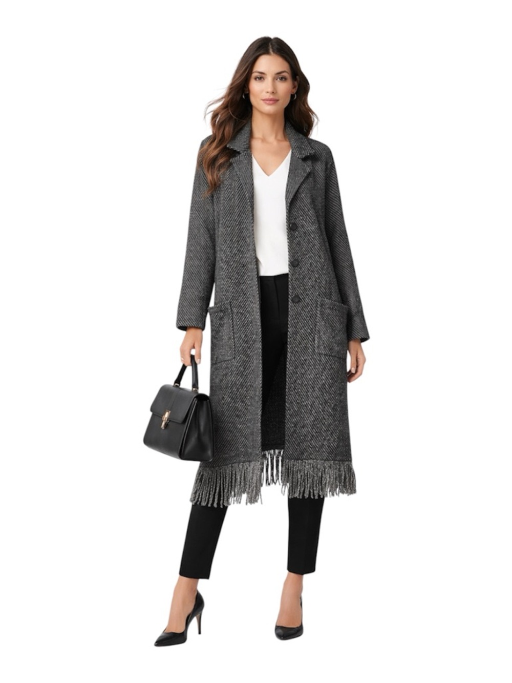 J Jill Wearever Fringe Duster Cardigan Sweater Coat M Black Gray Travel Business